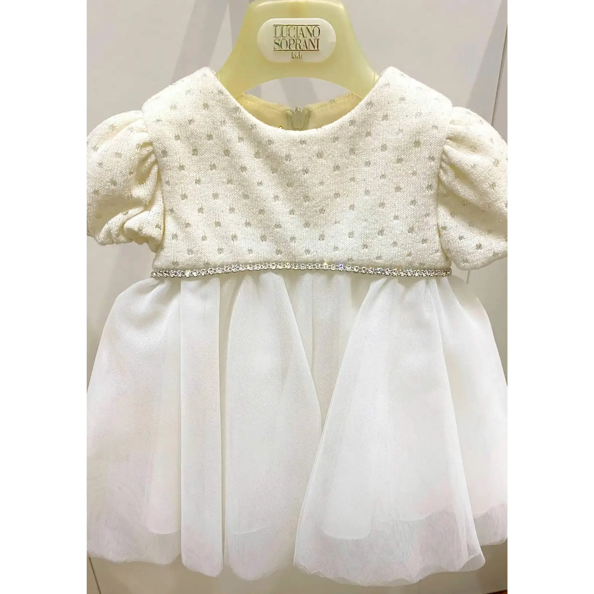 Abito battesimo in lana e tulle a manica corta