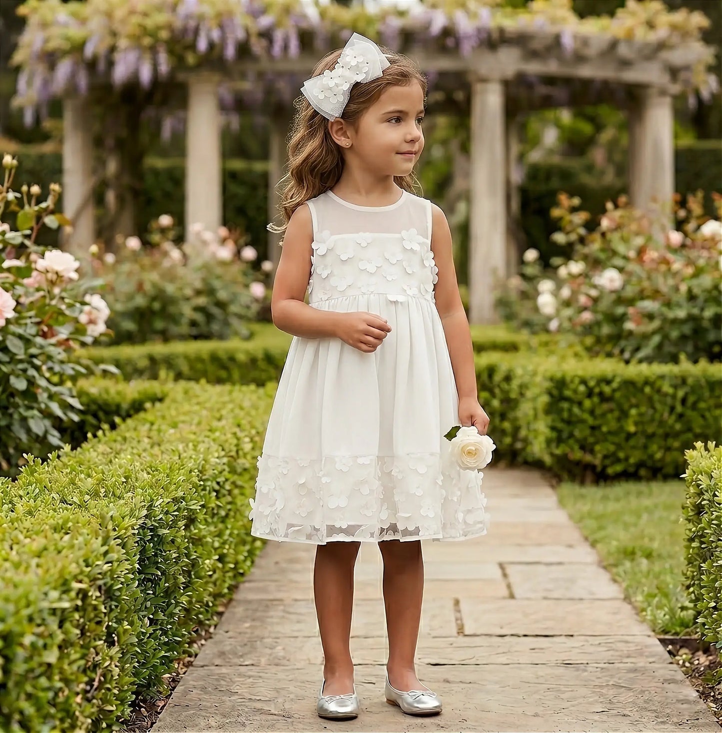 Abito damigella bianco con applicazione fiori in OUTLET per bambina