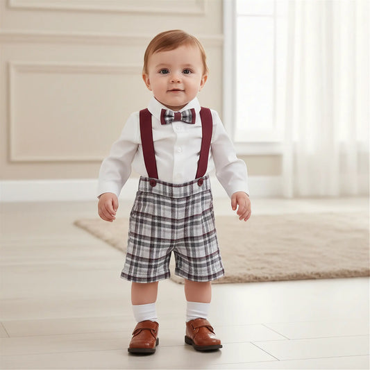 Completo elegante neonato con bermuda bianco e bordeaux fantasia quadri. Cerimonia OUTLET