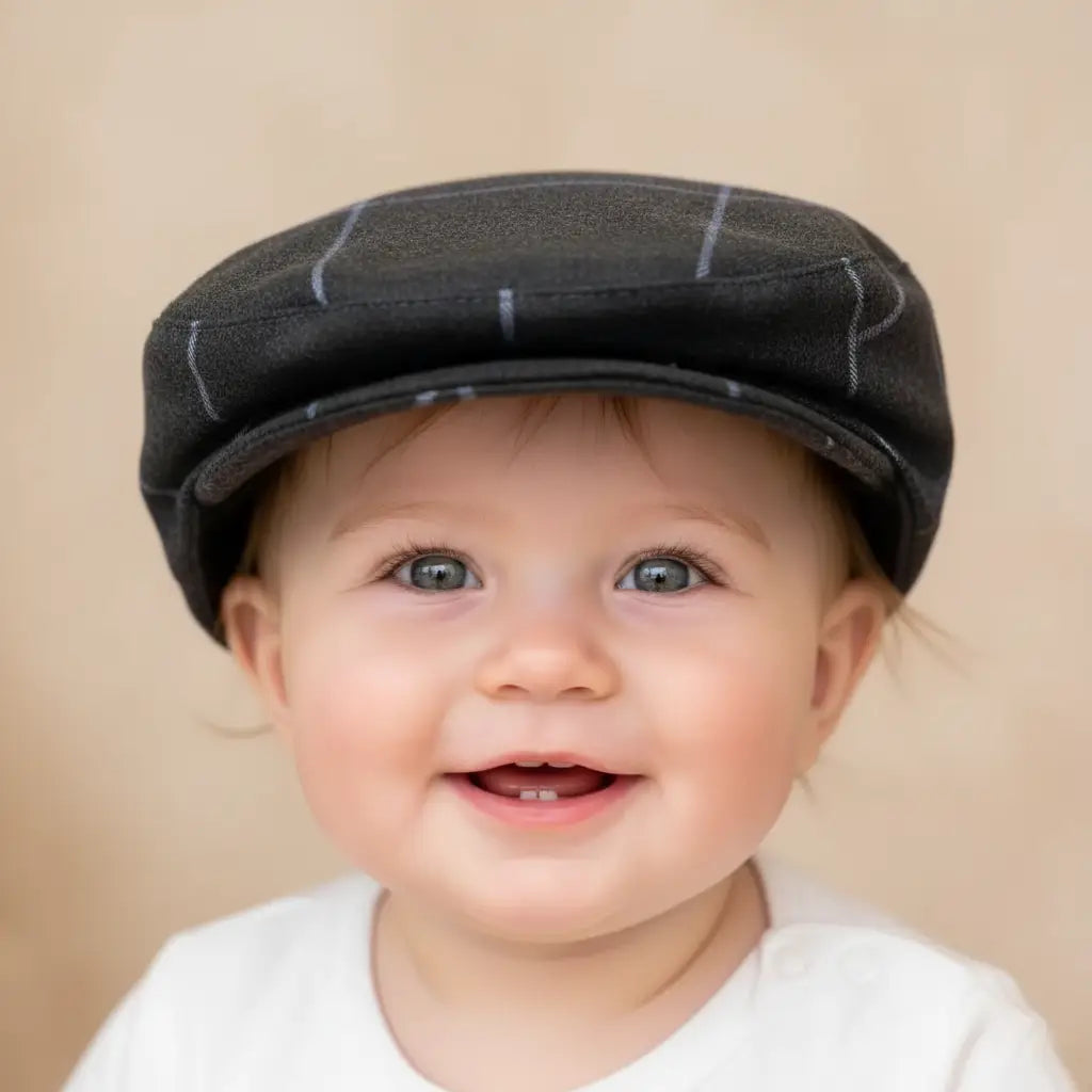 Cappello modello coppola per neonato in tessuto grigio antracite con motivo a quadri azzurri in OUTLET