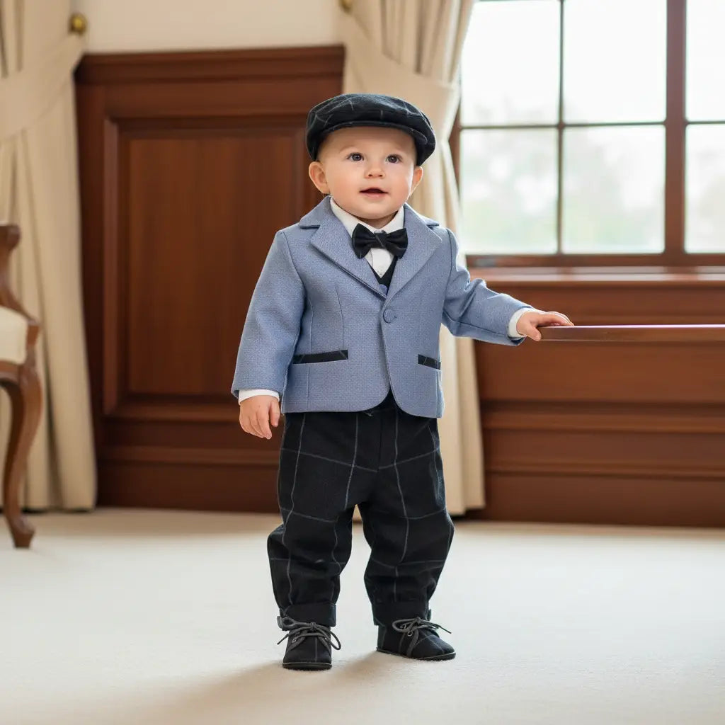 Completo cerimonia neonato 5 pezzi con giacca azzurro polvere, gilet antracite a quadri e papillon coordinato in OUTLET