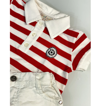 Completo polo righe rosse e pantaloni bianchi 6-9 mesi