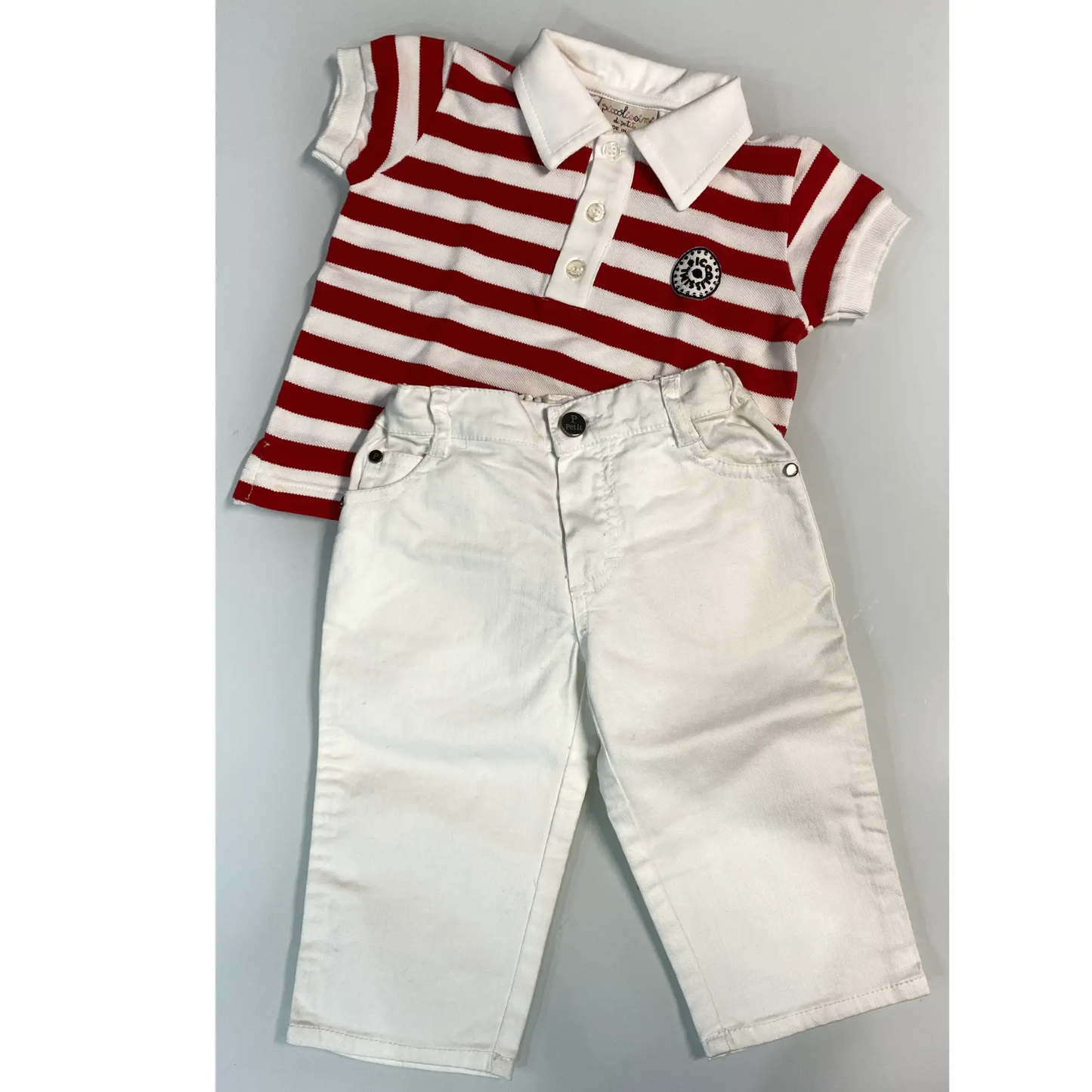 Completo polo righe rosse e pantaloni bianchi 6-9 mesi