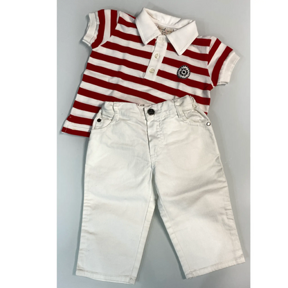Completo polo righe rosse e pantaloni bianchi 6-9 mesi