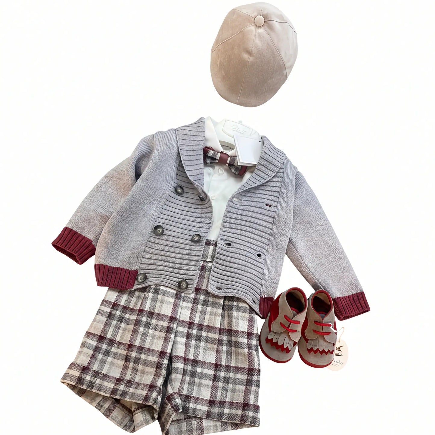 Completo Neonato Bianco e Bordeaux con Quadri per Cerimonie