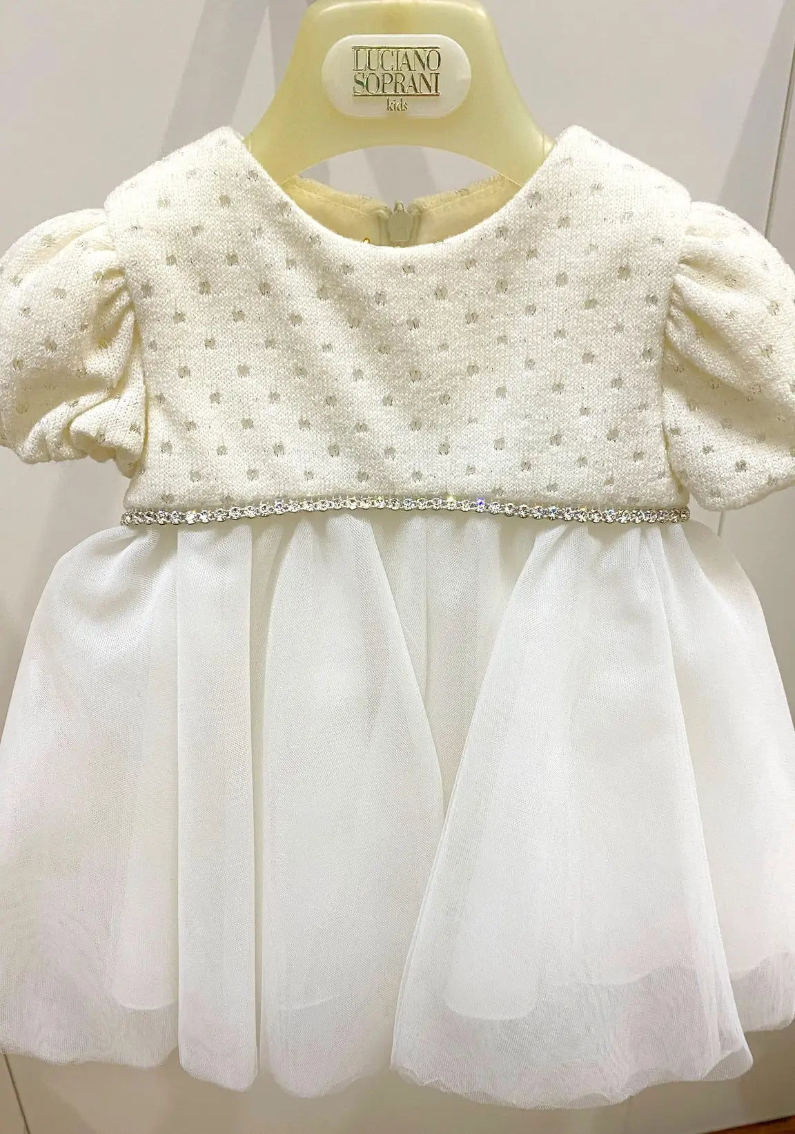 Abito battesimo in lana e tulle a manica corta
