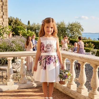 Abito da cerimonia per bambina bianco con stampe floreali lilla e cintura in vita, marca Alice Pi. Made in Italy in OUTLET