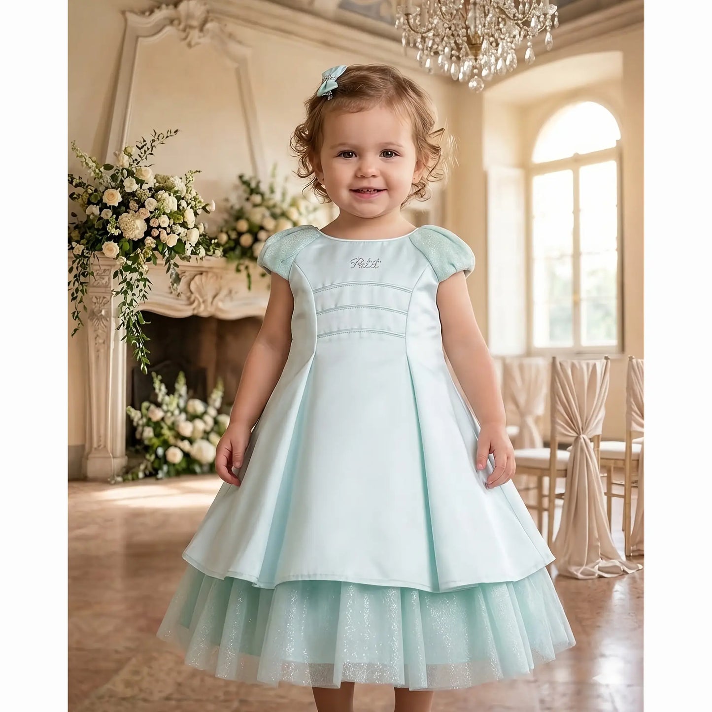 Abito da cerimonia colorato per bambina di 18 mesi in offerta outlet. Colore verde salvia