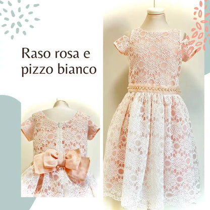 Abito da cerimonia in pizzo bianco e raso rosa