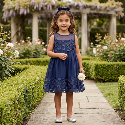 Abito damigella cerimonia blu con applicazione fiori in SCONTO per bambina