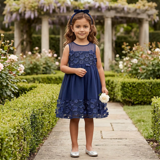 Abito damigella cerimonia blu con applicazione fiori in SCONTO per bambina