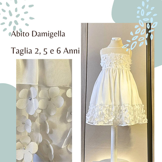 Abito da damigella e matrimonio per bambina estivo con fiori applicati in bianco