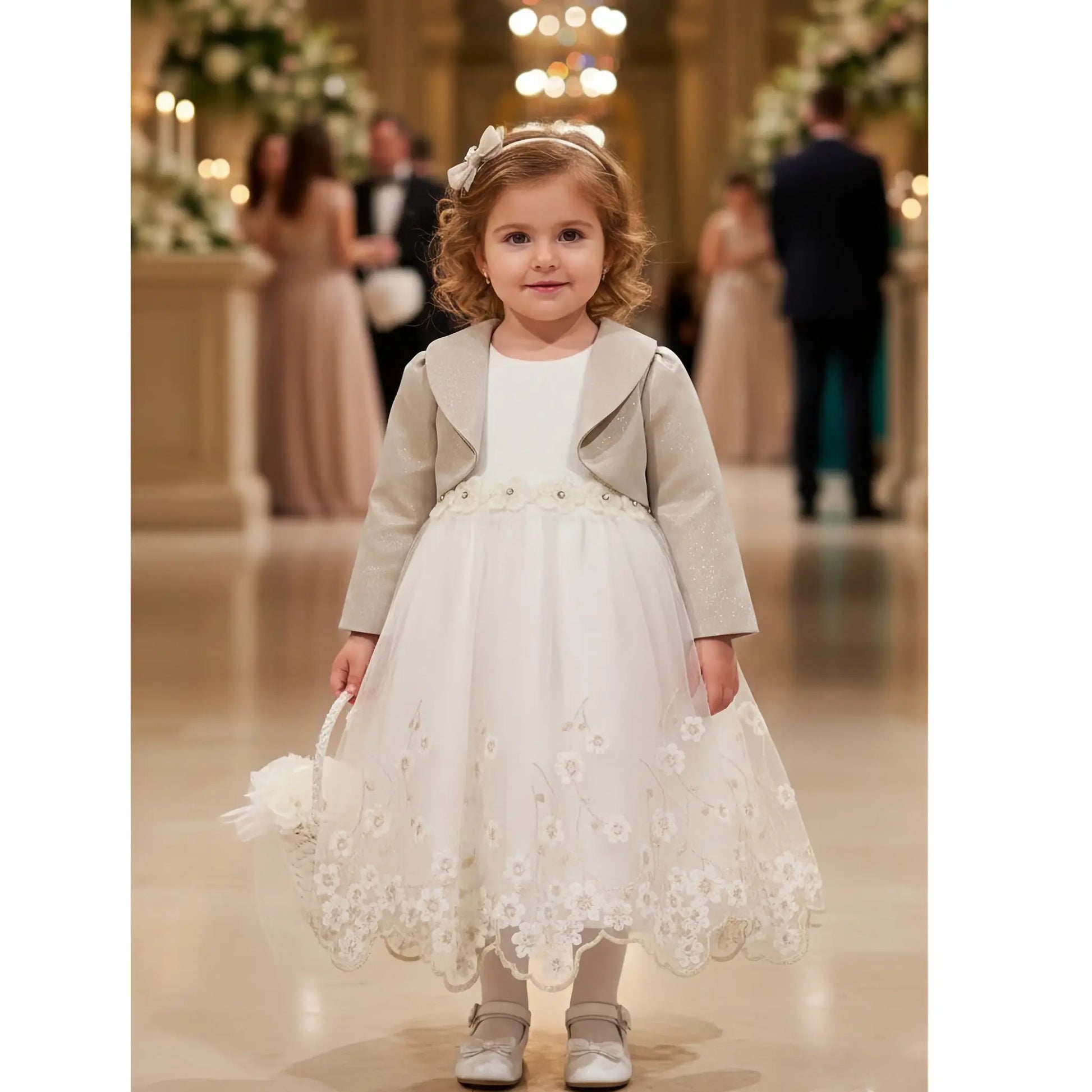 Abito neonata panna e oro con gonna in tulle a fiori e giacchino laminato coordinato in OUTLET