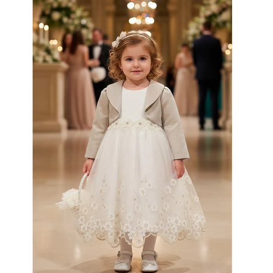 Abito neonata panna e oro con gonna in tulle a fiori e giacchino laminato coordinato in OUTLET