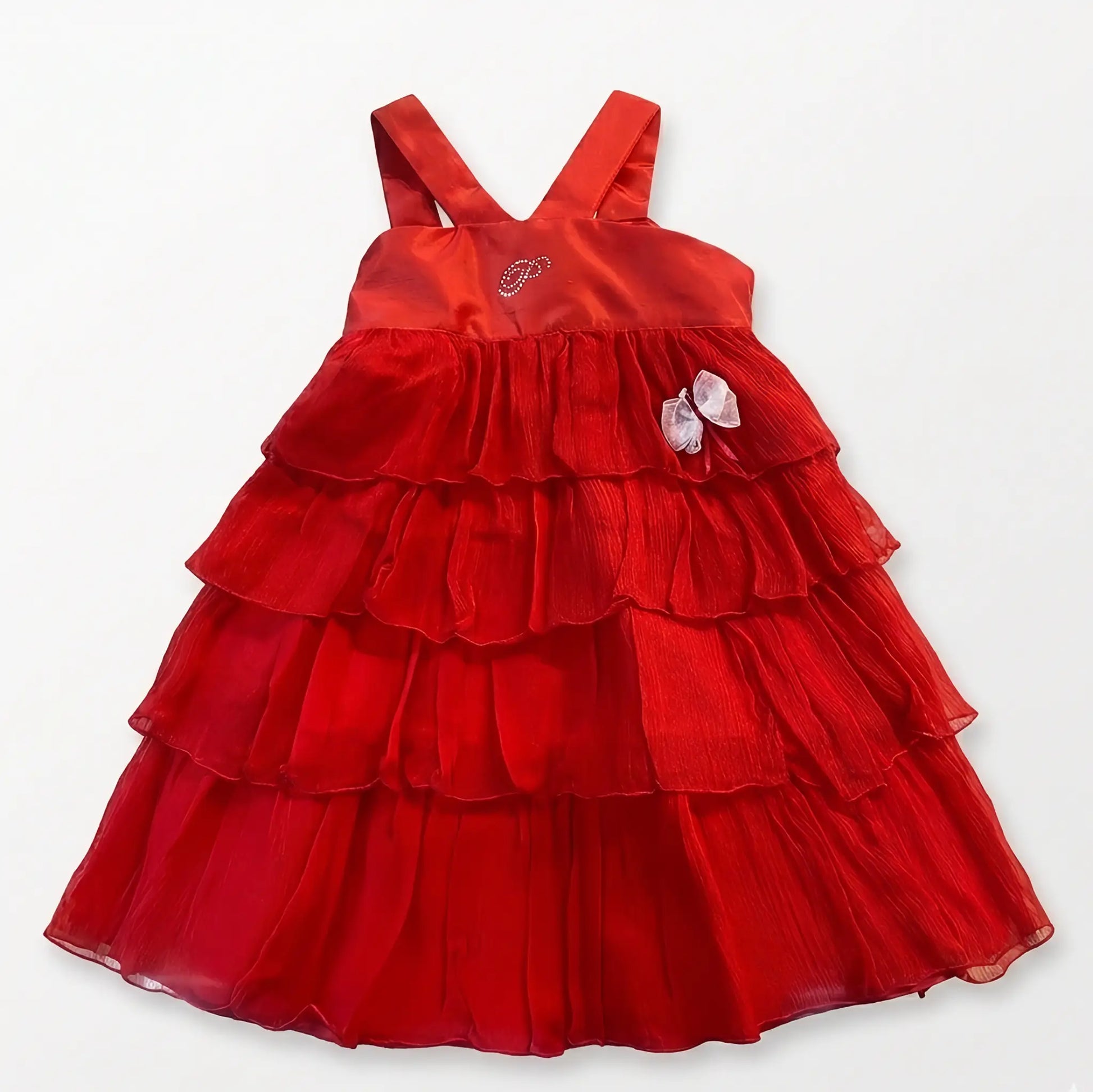 abito elegante da bambina in colore rosso con volant petit vista frontale