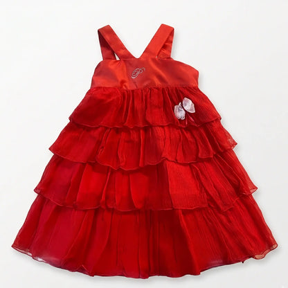 abito elegante da bambina in colore rosso con volant petit vista frontale
