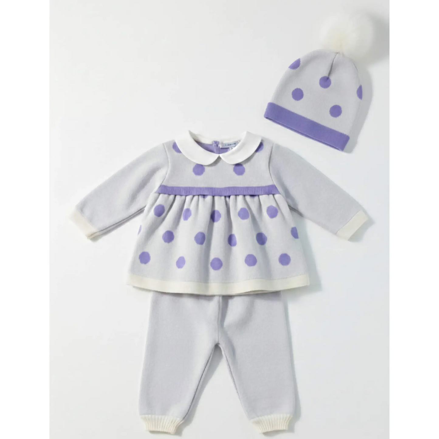 Completino neonata 3 pezzi panna e lilla con vestina, pantalone e cappello pompon in outlet