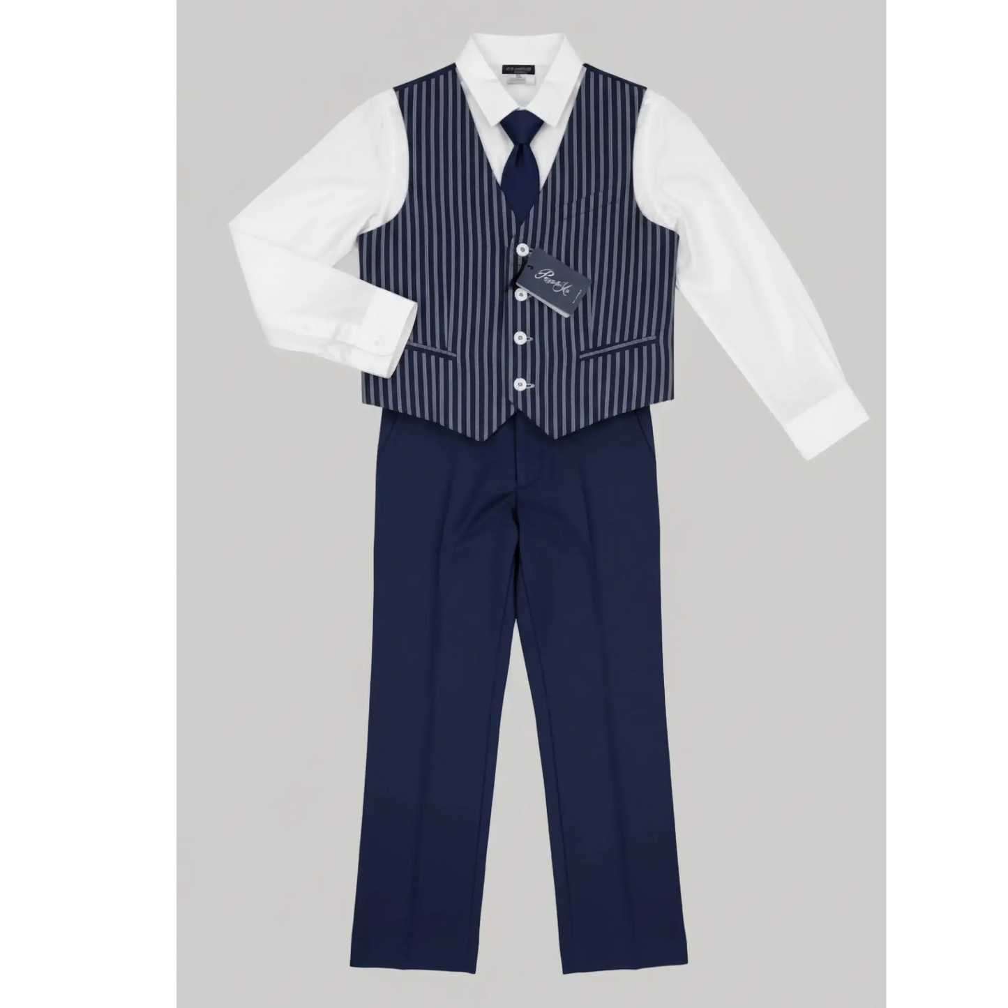 Completo 3 pezzi con pantaloni blu, gilet o panciotto a righe. Scontato