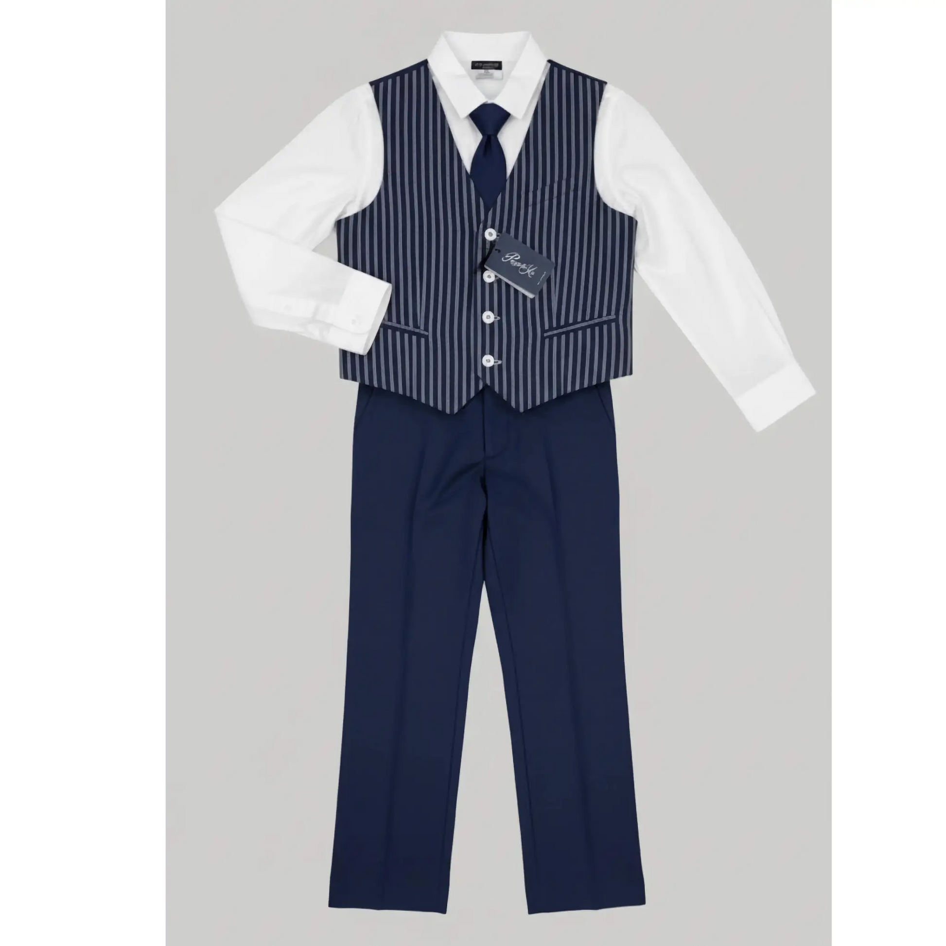 Completo 3 pezzi con pantaloni blu, gilet o panciotto a righe. Scontato