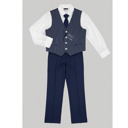 Completo 3 pezzi con pantaloni blu, gilet o panciotto a righe. Scontato