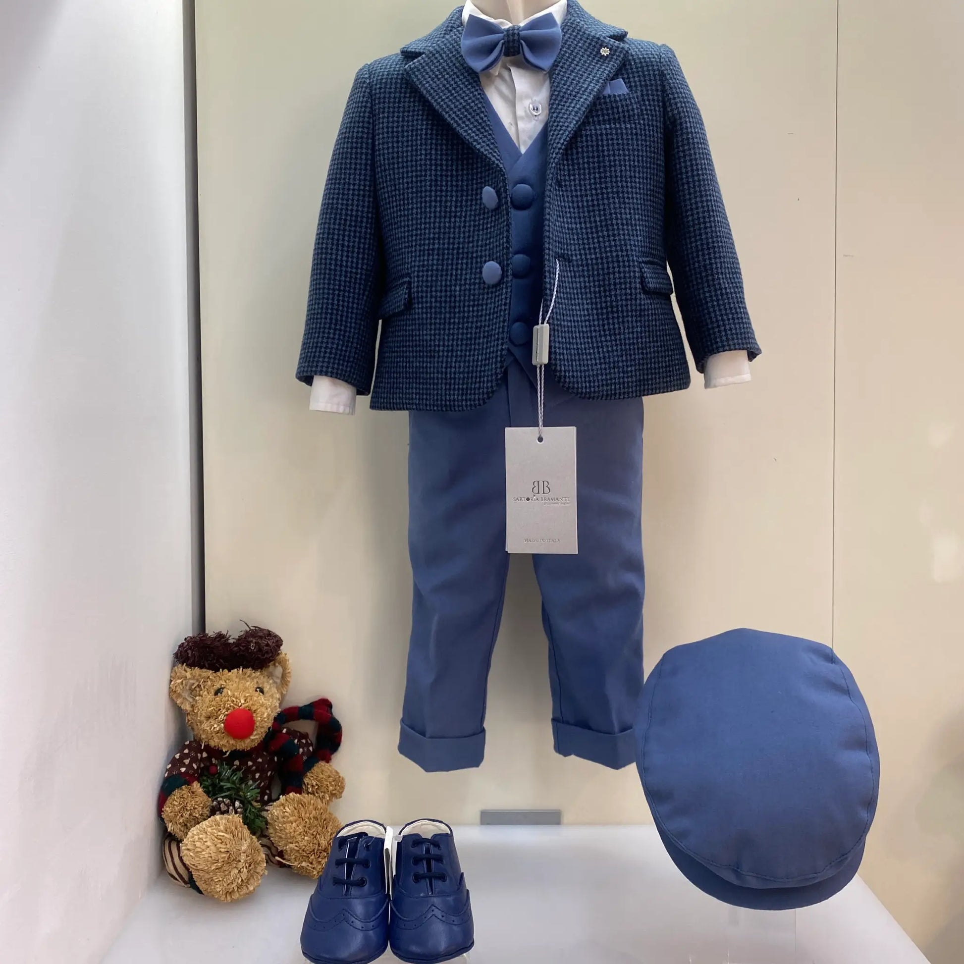 Completo cerimonia neonato 9-12 mesi blu e azzurro con coppola e scarpe Sartoria Bramante