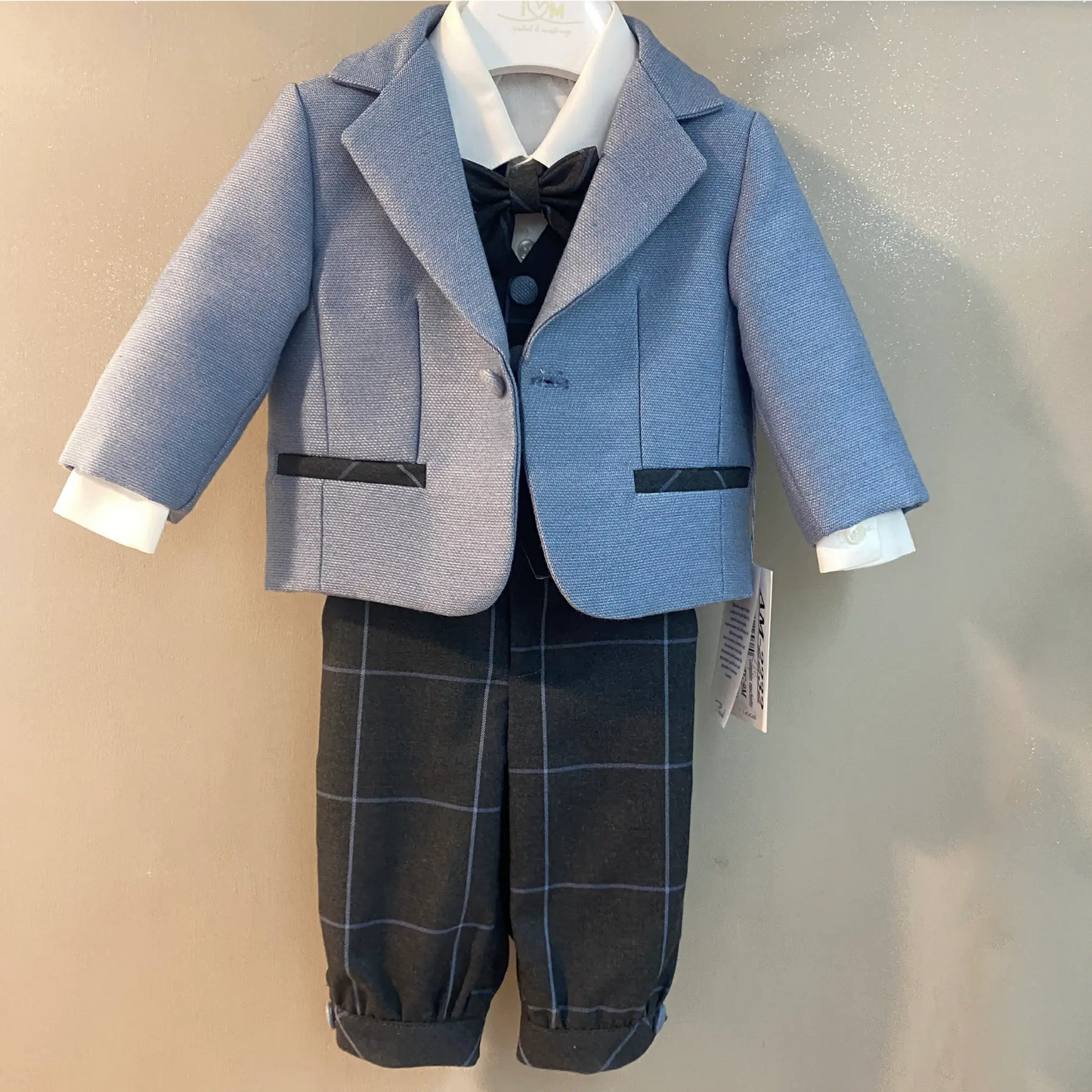 Completo elegante per neonato per battesimo e cerimonie da 6 a 12 mesi in colore azzurro cielo e antracite