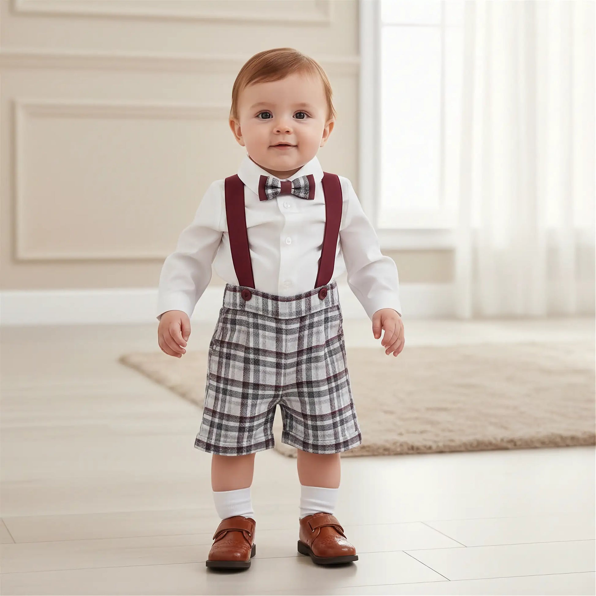 Completo elegante neonato con bermuda bianco e bordeaux fantasia quadri. Cerimonia OUTLET