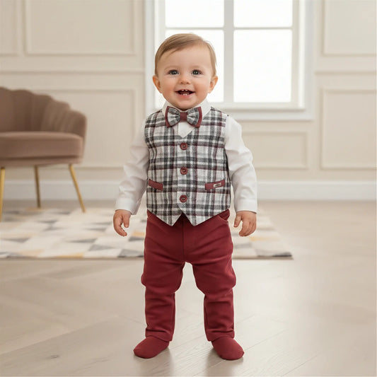 Completo elegante neonato bianco e bordeaux con quadri. Cerimonia OUTLET