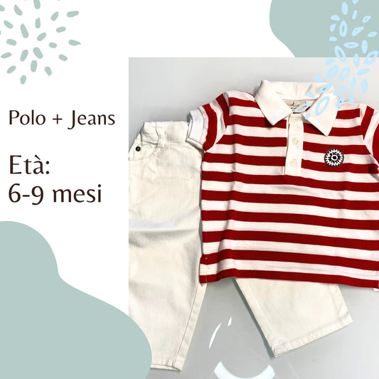 Completo polo e jeans in cotone per neonato 