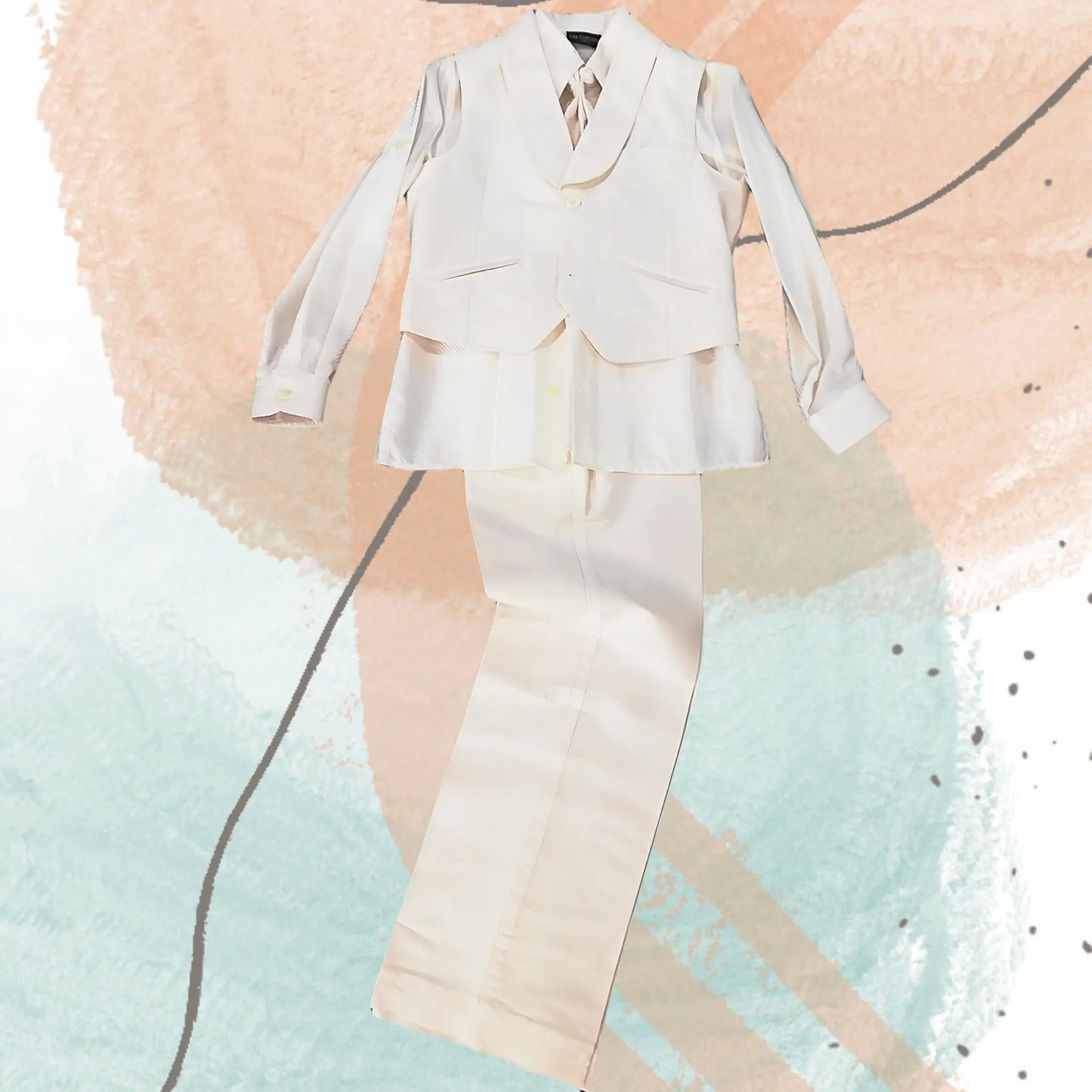 Completo smoking da paggetto in seta con pantaloni lunghi color bianco panna