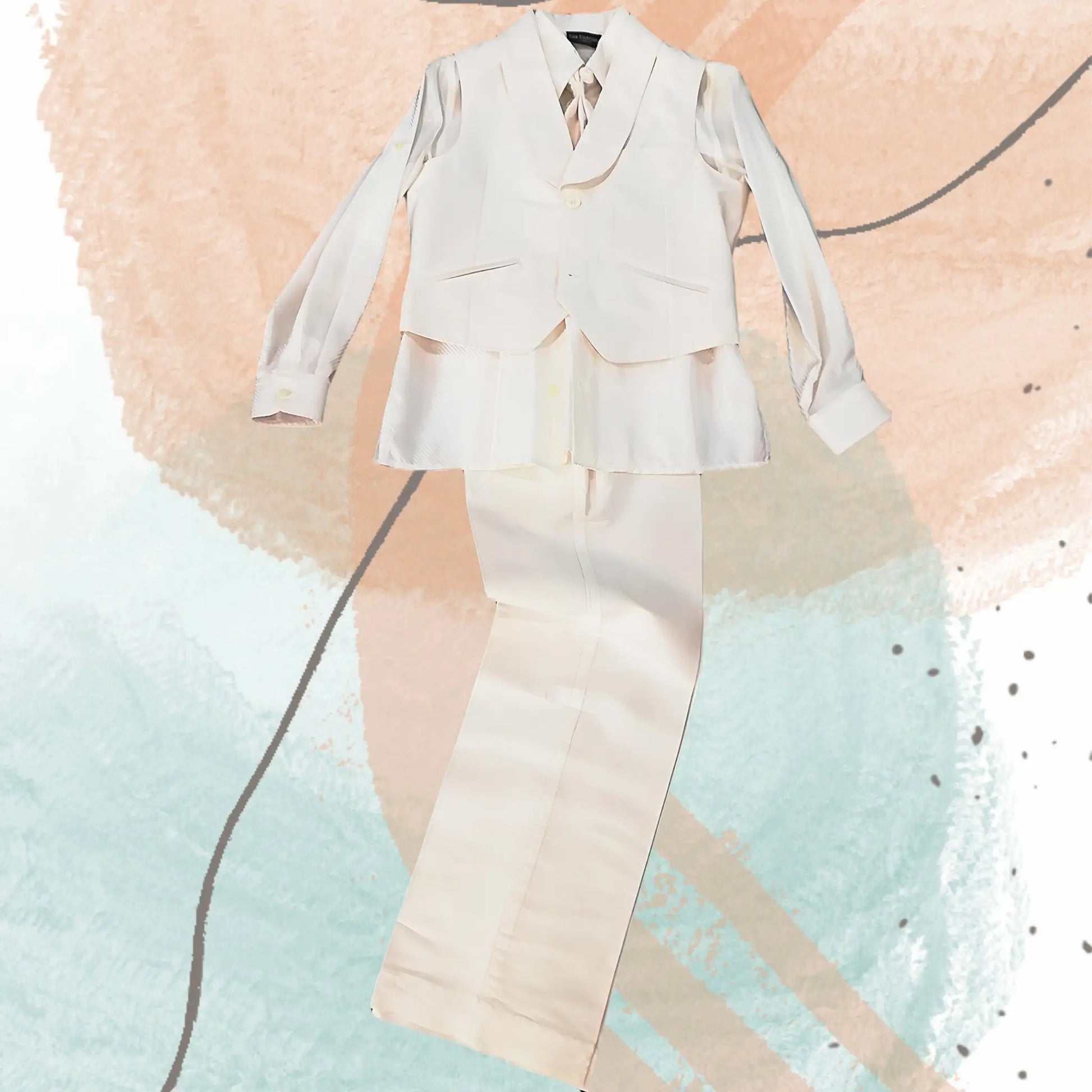 Completo smoking da paggetto in seta con pantaloni lunghi color bianco panna