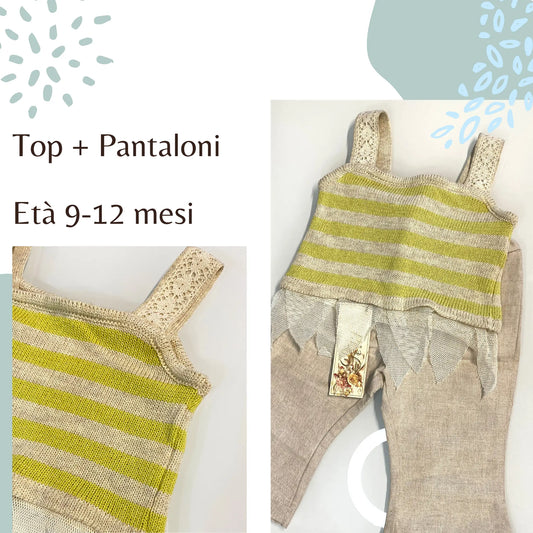 Completo bambina 9-12 mesi con top a righe e pantalone in lino – Offerta Outlet