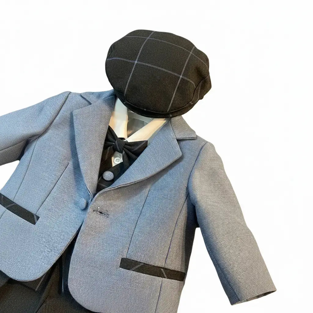 Coppola da cerimonia per neonato azzurro e grigio a quadri in sconto