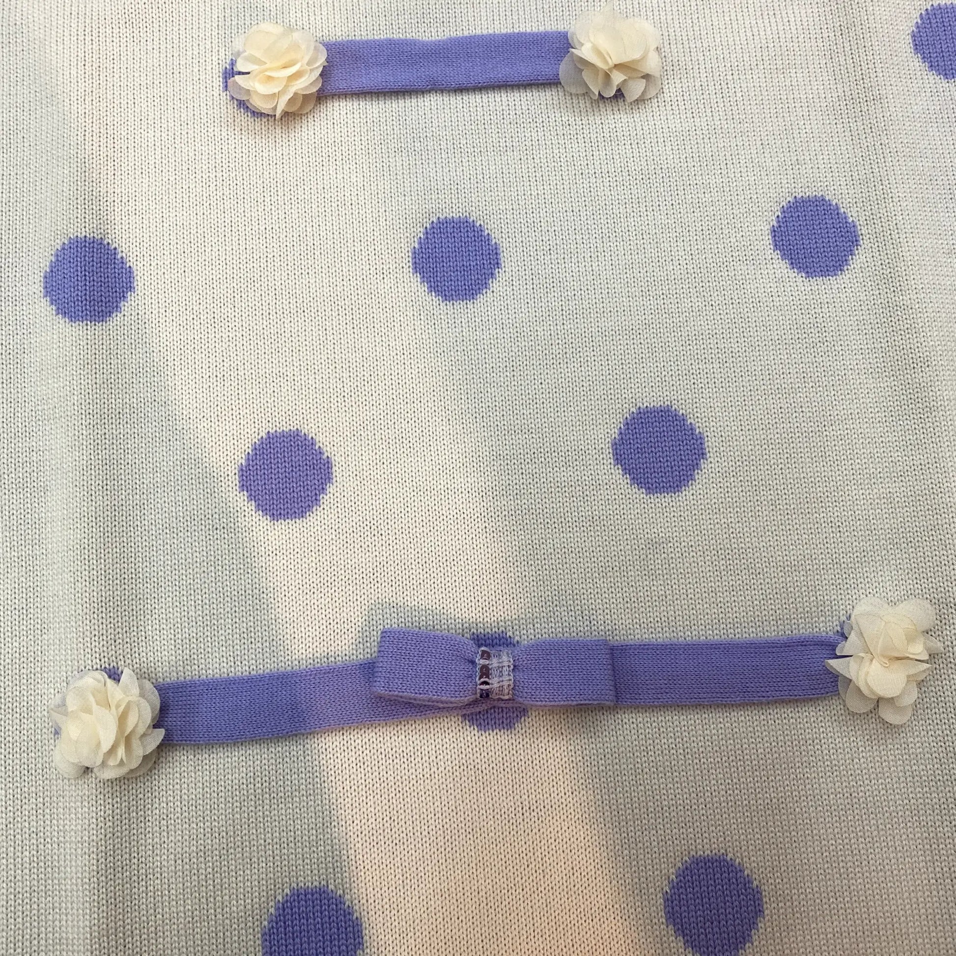 Dettaglio delle applicazioni sulla copetina da neonata in maglia doppiata