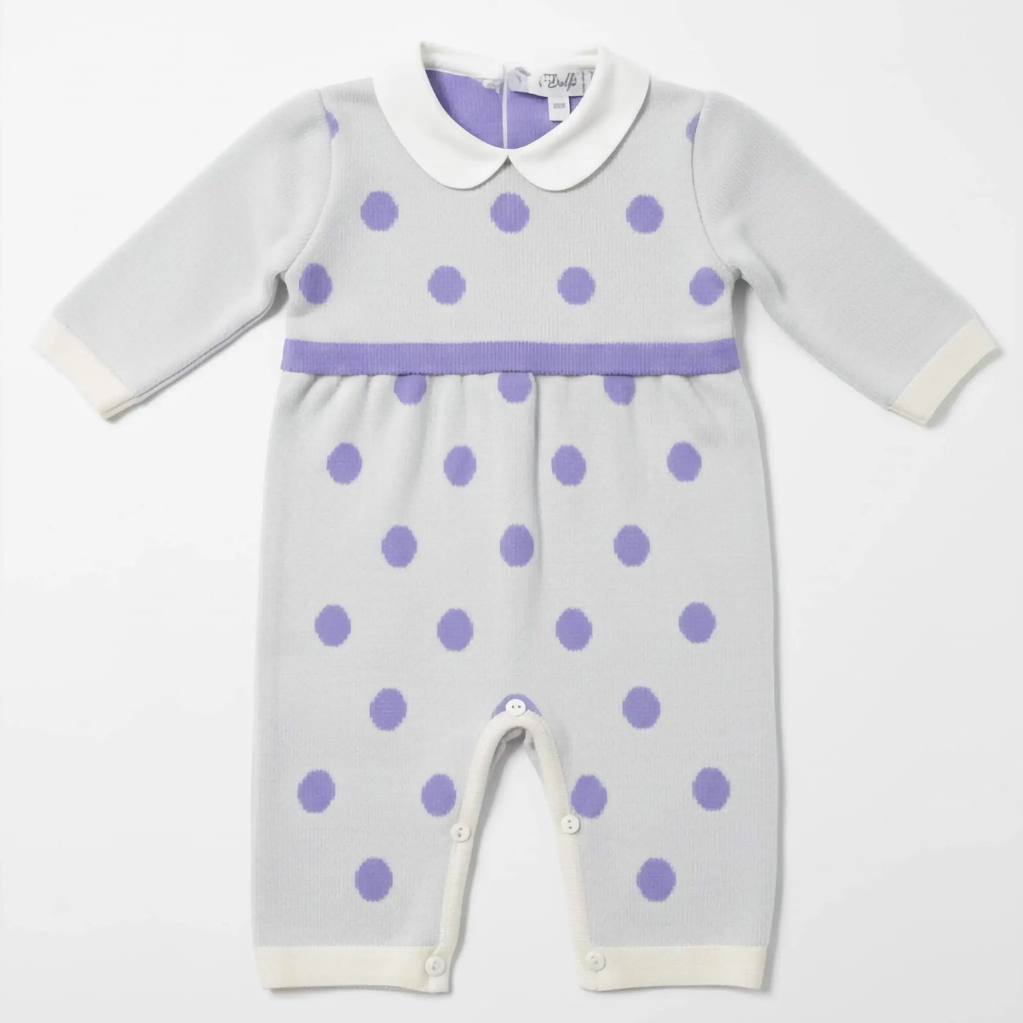 Tutina bimba panna in maglia con pois lilla e colletto bianco, OUTLET