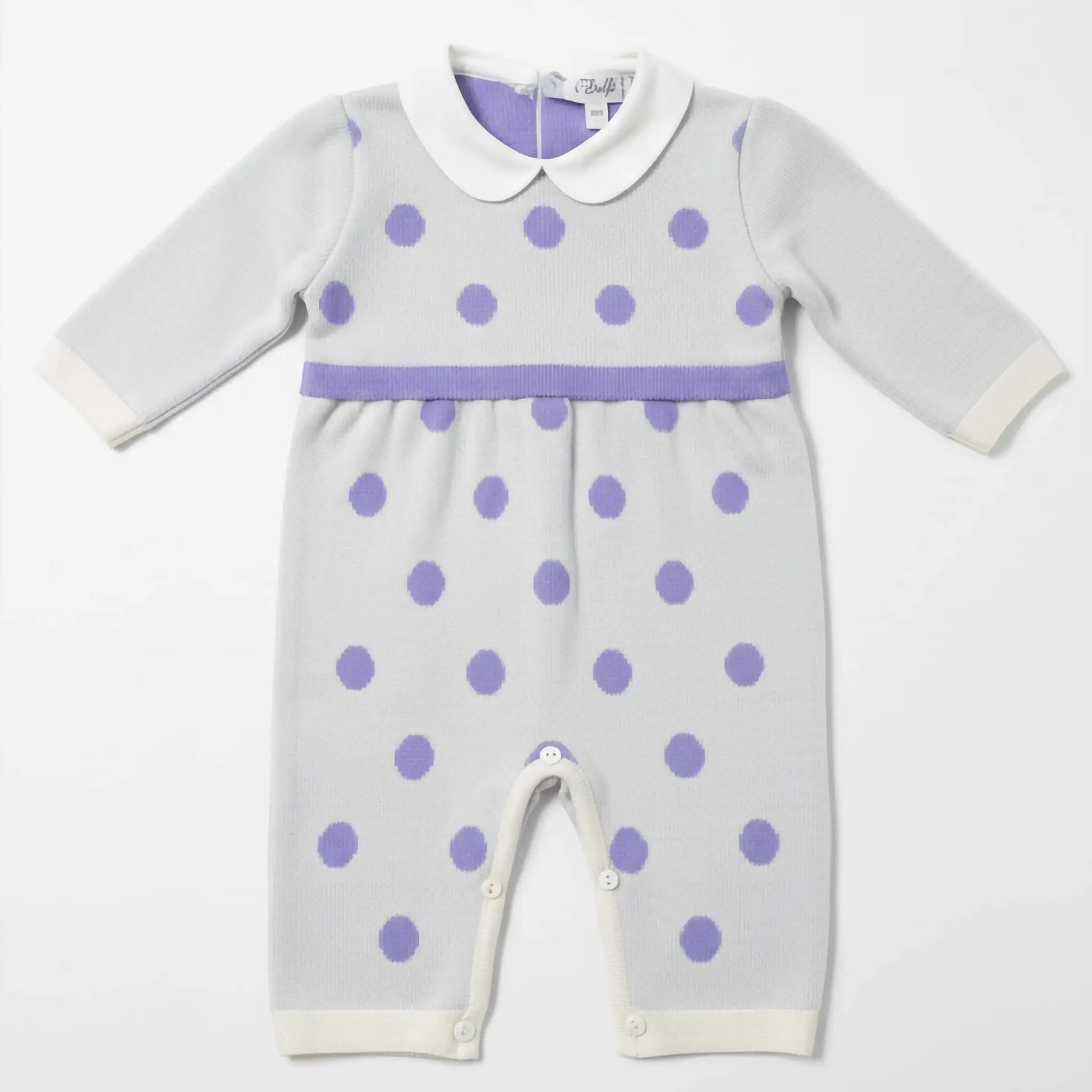 Tutina bimba panna in maglia con pois lilla e colletto bianco, OUTLET