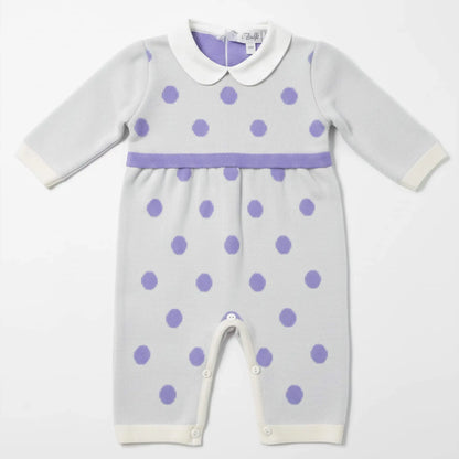 Tutina bimba panna in maglia con pois lilla e colletto bianco, OUTLET