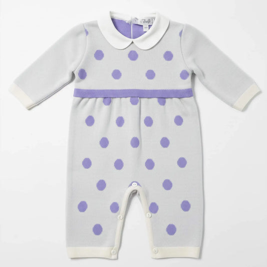 Tutina bimba panna in maglia con pois lilla e colletto bianco, OUTLET