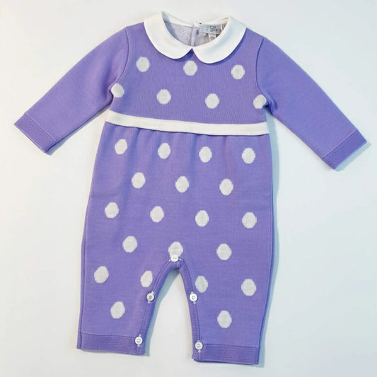 Tutina intera per neonata in maglia viola lilla con pois bianchi, colletto bianco e bottoni automatici in OUTLET