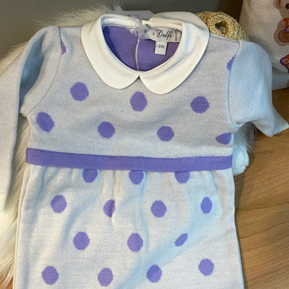 Tutina intera panna con pois lilla per neonata in sconto outlet