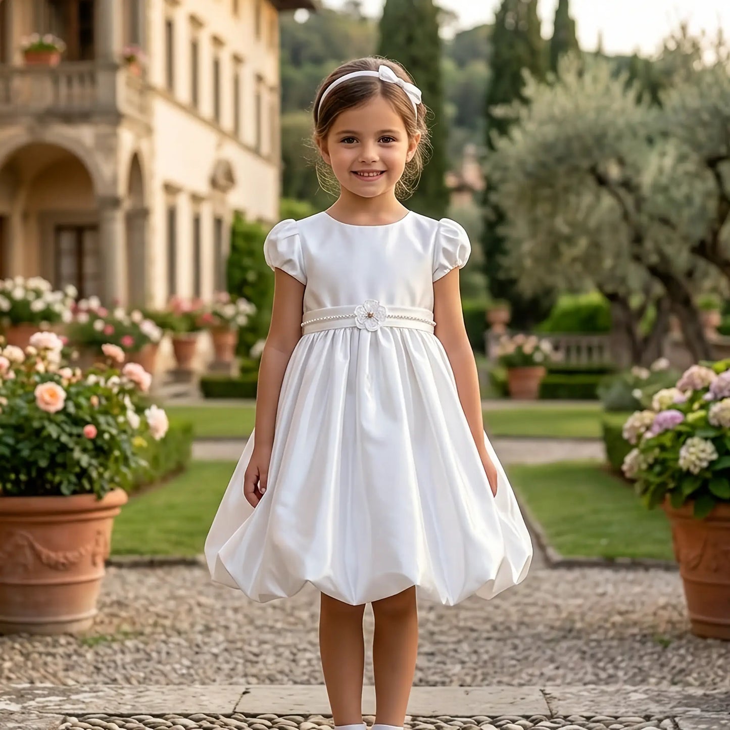 Vestito da damigella in raso bianco per bambina in OUTLET