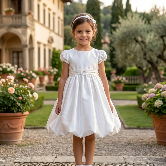 Vestito da damigella in raso bianco per bambina in OUTLET