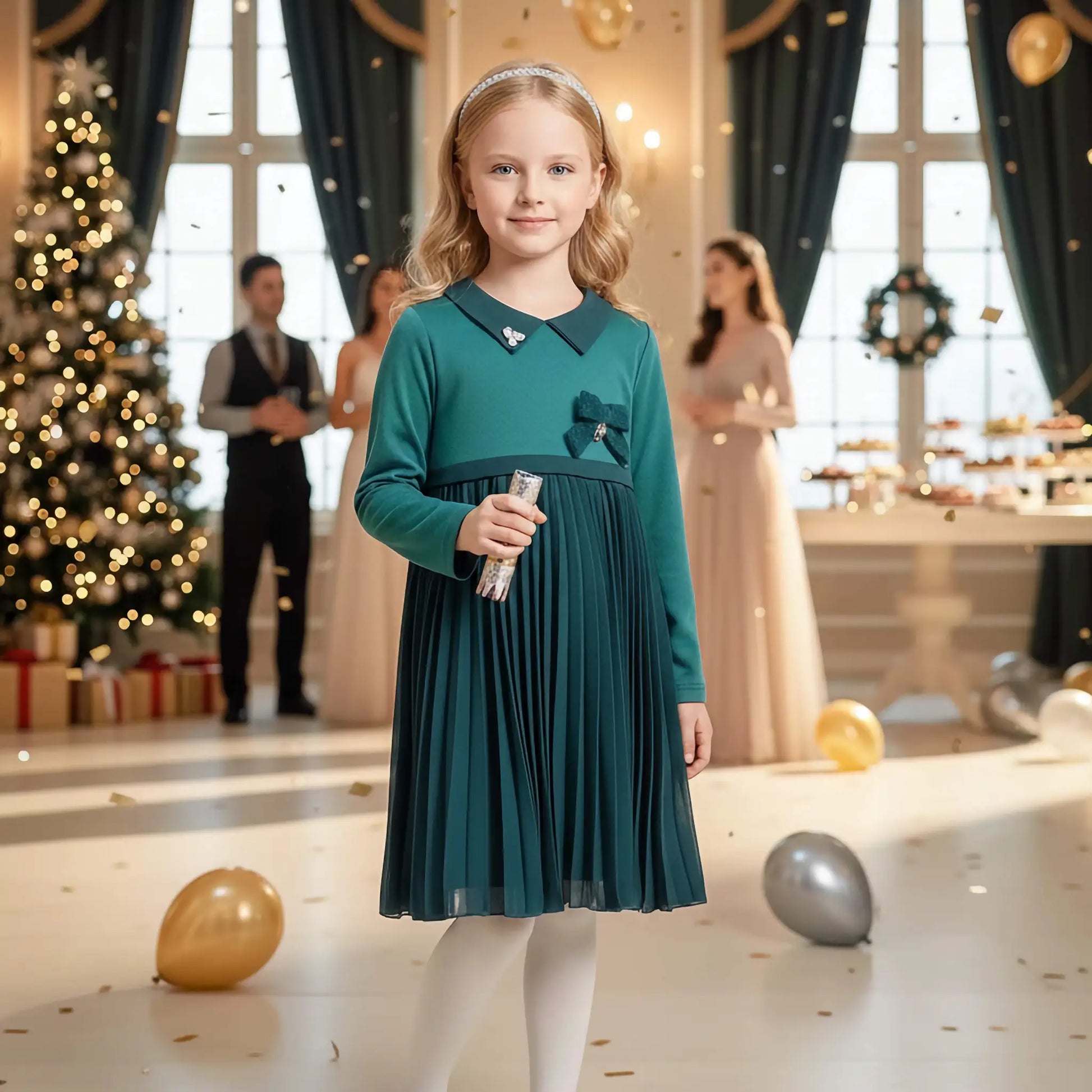 Vestito elegante verde per bambina in outlet con gonna plissettata