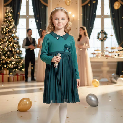 Vestito elegante verde per bambina in outlet con gonna plissettata