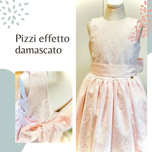 Vestito da damigella rosa con pizzi effetto damascato