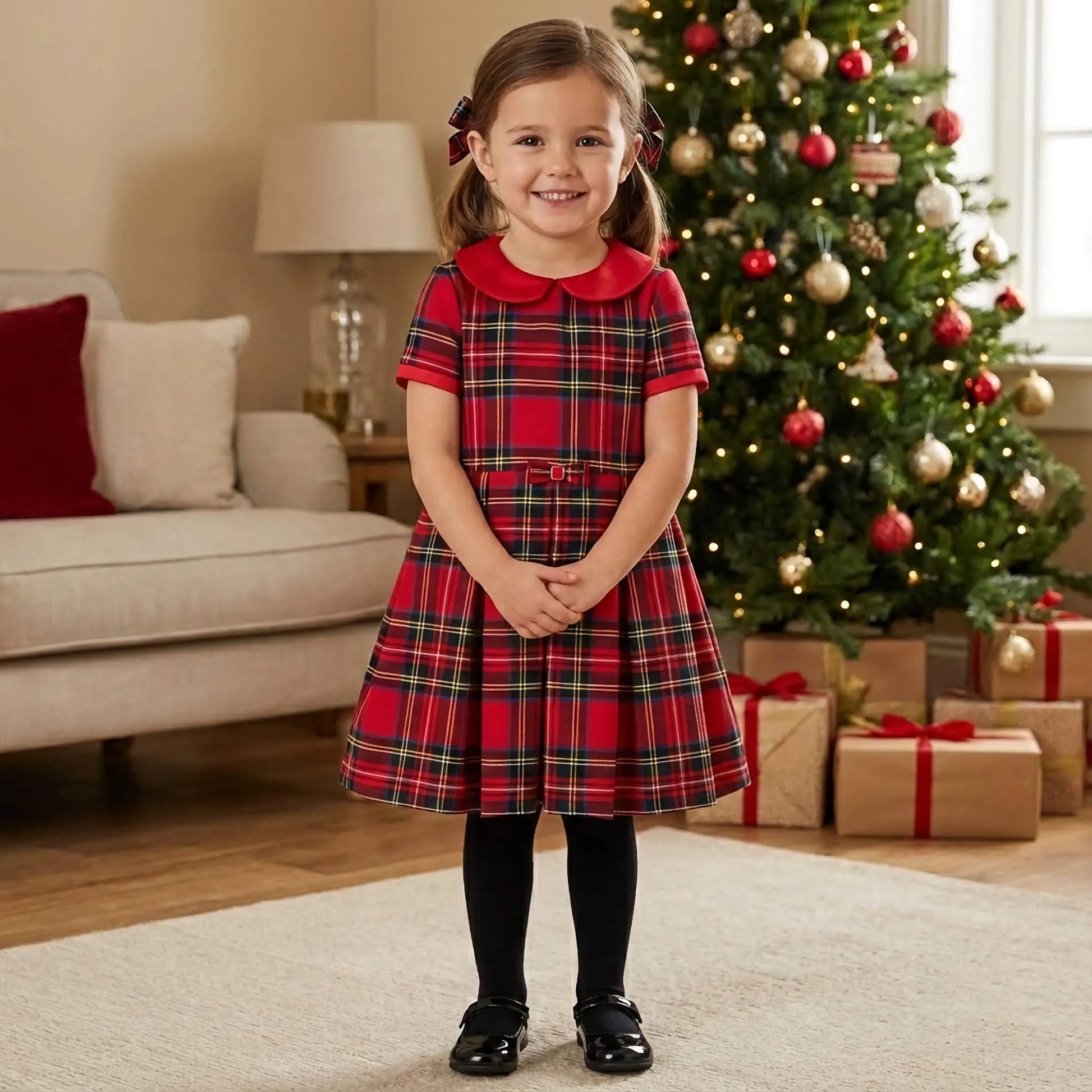 Vestito scozzese tartan rosso bambina con colletto Peter Pan e fiocco in outlet